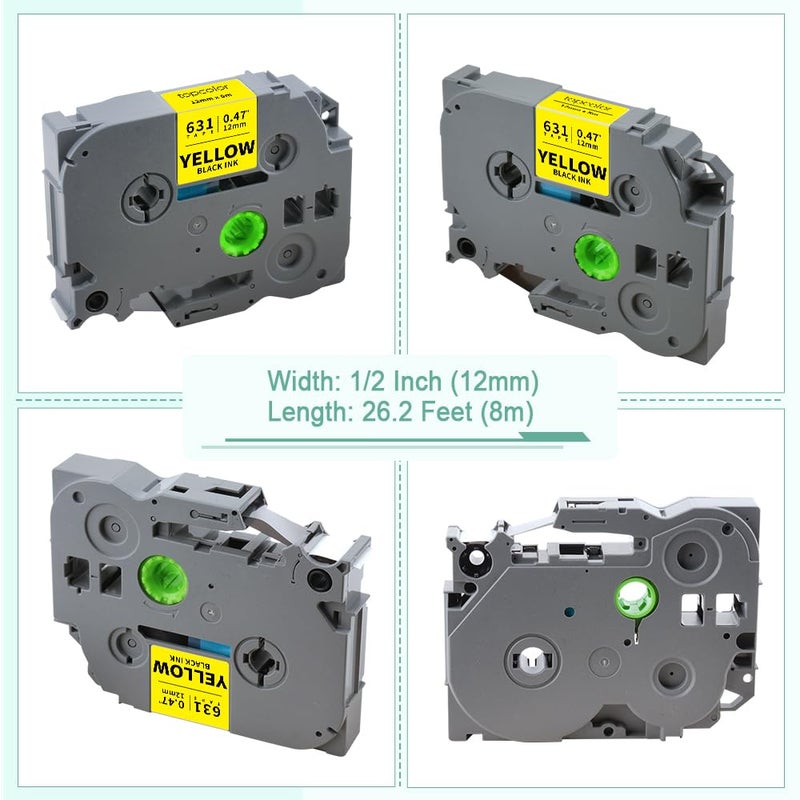 Topcolor 6-Pack Tze631 12mm 0.47 Laminated Yellow Label Tape Compatible for Brother Tze-631 Tze631 TZ-631 P Touch Label Tape Tz Tze 12mm 1/2"" Black on Yellow for PTD210 PTD220 PTD400 PT1290 PT2040 - Image 4